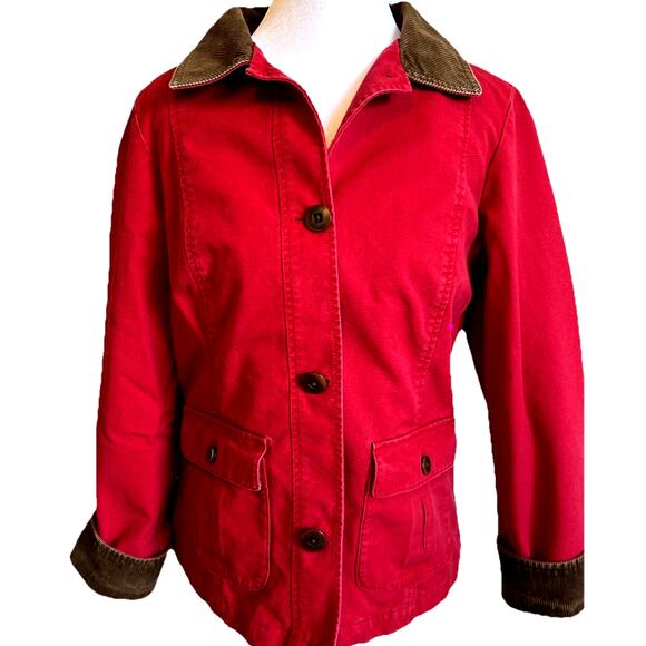 Vintage LL Bean Chore Coat RED Barn Jacket Flannel Lined Corduroy Womens 90s Med - Picture 1 of 16